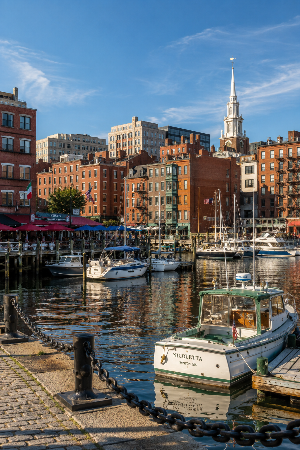 North End marina with brick rowhouses